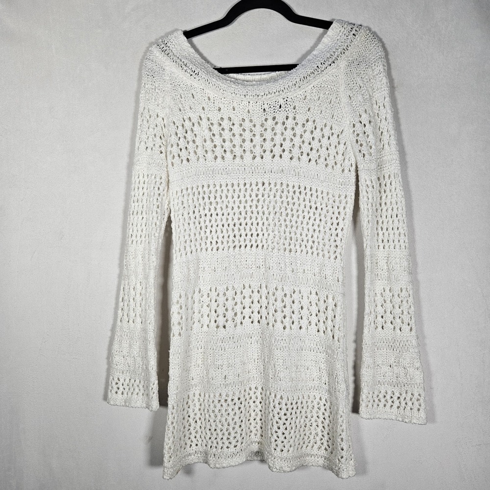 BCBGMAXAZRIA Sweater Dress Womens M White Crochet Knit Coastal Beachy Boho Mini